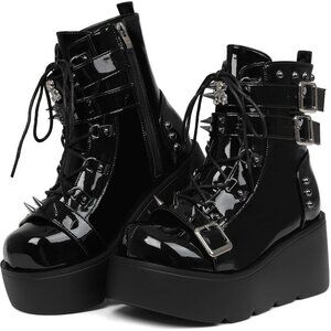 Women Polyurethane Black Round Toe Buckle Leather Platform Side Zip Ankle Boot